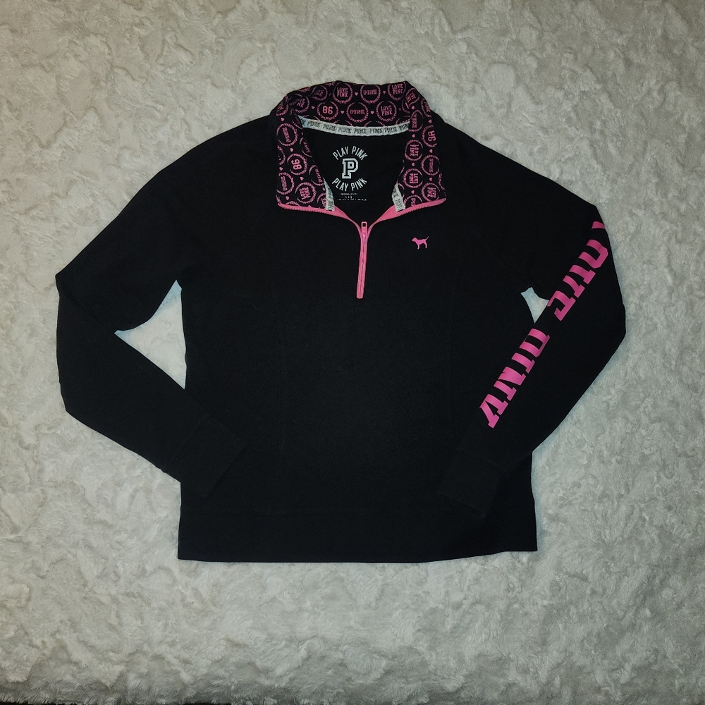 Women's Victoria's Secret VS PINK Black Pink Sz Large Sweatshirt Half Zip Hoodie